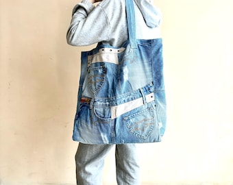 Extra large tote bag/Recycled denim bag/Large weekender bag/Denim shopping bag/Jeans artist’s bag/Denim sustainable bag