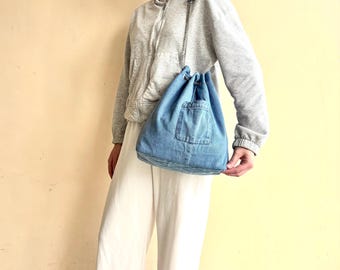 Recycled denim drawstring bag/Jeans  basket bag/shoulder bag with chain handles