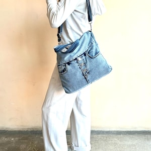 Denim messenger bag/Large jeans laptop bag/Recycled denim crossbody bag/Vintage denim tablet bag