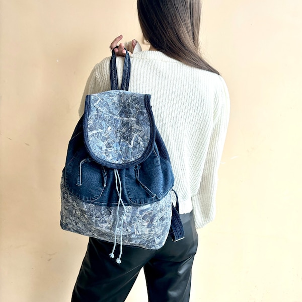 Denim patchwork backpack/Quilt backpack/Recycled jeans rucksack/Crazy patchwork bag/Vintage jeans backpack/Zero west backpack