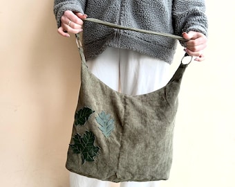 Green corduroy tote bag/Large everyday shoulder bag/Corduroy hobo bag
