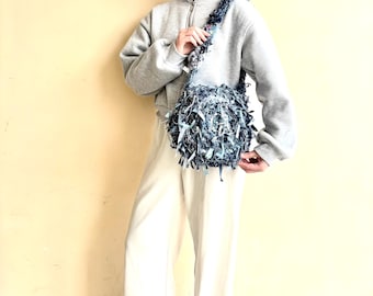 Round crochet jeans bag/Upcycled denim tote bag/Eco-friendly scrub bag/Zero waste pattern bag