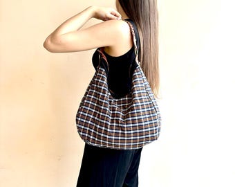 Plaid wool hobo bag/Tartan tote bag/Brown checkered bag/Buffalo plaid shoulder bag