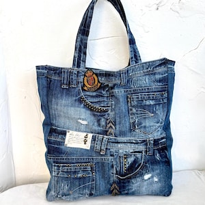 Extra large tote bag/Recycled denim bag/Large weekender bag/Denim shopping bag/Jeans artist’s bag/Denim sustainable bag