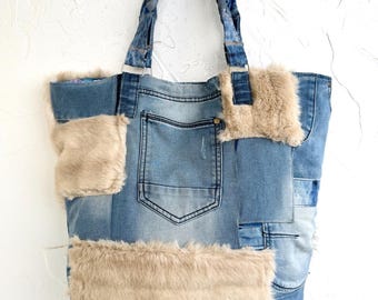 Recycled denim tote bag with faux fur patches/Large fluffy weekender bag/Faux fur tote bag/Jeans artist bag