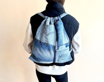 Drawstring denim backpack/Patchwork recycled jeans blue backpack/Gym denim rucksack/Bucket bag