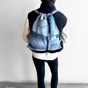 Upcycled Denim Drawstring Backpack,  Blue Patchwork Jeans Backpack, Lightweight Everyday Bag, Gym Denim Rucksack