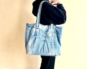 Recycled denim tote bag/Vintage jeans bag/Denim weekender bag/ Denim shopping bag/Jeans beach bag/Casual denim tote bag