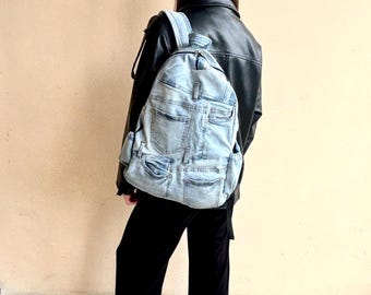 Geüpcycled denim rugzak/vintage blauwe denim rugzak/grote reisrugzak/casual alledaagse jeanstas