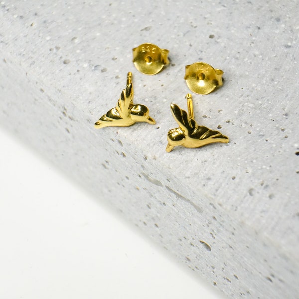 Bird stud earrings made of 925 sterling silver with 14K gold alloy, real silver earrings, origami, minimalist, nature, birds, swallows