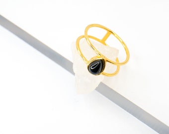 Minimalist double row ring with onyx gemstone made of 925 sterling silver with 14K real gold alloy statement ring, stacking ring