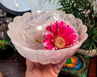 High Quality Large Rose Quartz Flower Bowl Carving  # C-625