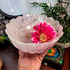 High Quality Large Rose Quartz Flower Bowl Carving  # C-625