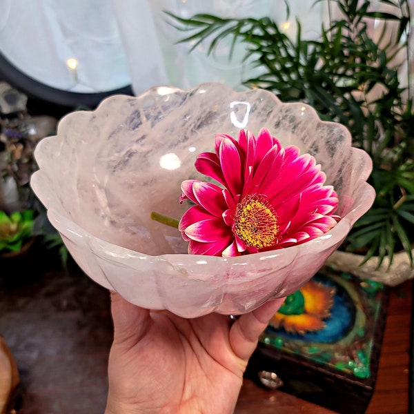 High Quality Large Rose Quartz Flower Bowl Carving  # C-625