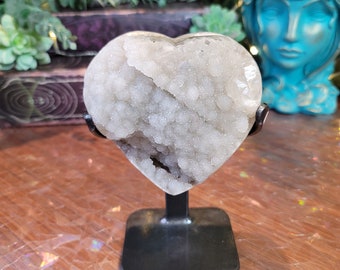 Quartz Druzy Heart with Optical Calcite on Metal Stand # C-899