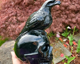 XL Obsidian Skull with Eagle- Skull Carving, Obsidian Skull  # C-396