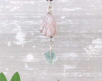 Rose Quartz Pendant, Fluorite Octahedron dangle, Sterling Silver setting