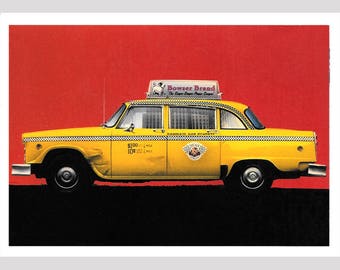 Vintage Paper Moon Graphics Postcard, New York Taxi with Dent In Fender