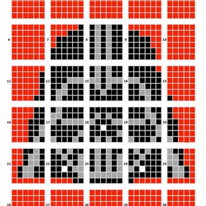 Może przedstawiać: Schemat pikowania z 30 kwadratami, każdy składający się z mniejszych kwadratów. Kwadraty są głównie czerwone, z niektórymi czarnymi i szarymi wzorami. Tytuł "One Block Quilting" jest wyświetlany u góry.