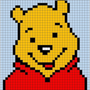 May include: Pixelated image of a smiling yellow bear wearing a red shirt. The bear has black eyes and a black nose, with a white mouth. The background is a light blue grid.