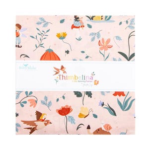 May include: A stack of fabric squares with a whimsical fairy tale design. The fabric features illustrations of fairies, flowers, and butterflies in shades of pink, orange, and blue. The text "Thimbelina & the Sewing Fairies" is visible.