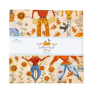 May include: A fabric square with a fall theme featuring scarecrows, sunflowers, pumpkins, and the text "OCTOBER". The fabric is beige with brown, orange, yellow, and blue accents. The text "Bittersweet Farm" is printed on a white banner.