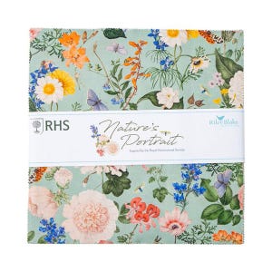 May include: A green fabric square with a floral print featuring various flowers, butterflies, and insects. The fabric has the text "Nature's Portrait" and "RHS" printed on it.