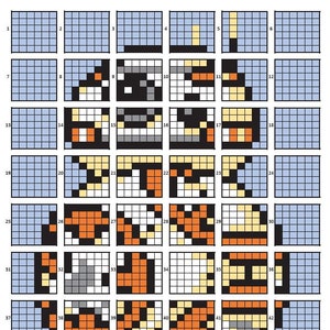 Op de afbeelding: Een diagram dat 42 verschillende quiltblokdesigns laat zien. Elk blok bestaat uit een 7x7 raster van vierkanten. De vierkanten zijn in verschillende kleuren, waaronder zwart, wit, grijs, oranje en geel.