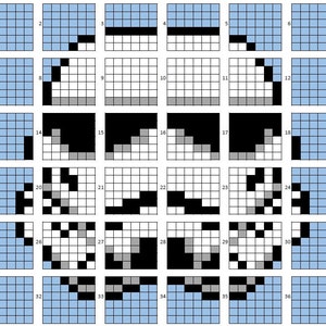 Puede incluir: Una cuadrícula de 36 cuadrados, cada uno con un patrón único. Los cuadrados están dispuestos en un formato de 6x6. Los patrones incluyen fondos negros, blancos, grises y azul claro sólidos, con varias formas geométricas.