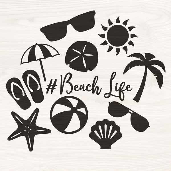 Beach Life Bundle, SVG PNG Files for cutting machines, digital clipart, beach ball, sun, palm tree, sunglasses, sea shell, starfish