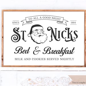 St. Nick's Bed and Breakfast SVG PNG Bestanden voor snijmachines, digitale clipart, Santa, teken, Kerstmis, boerderij