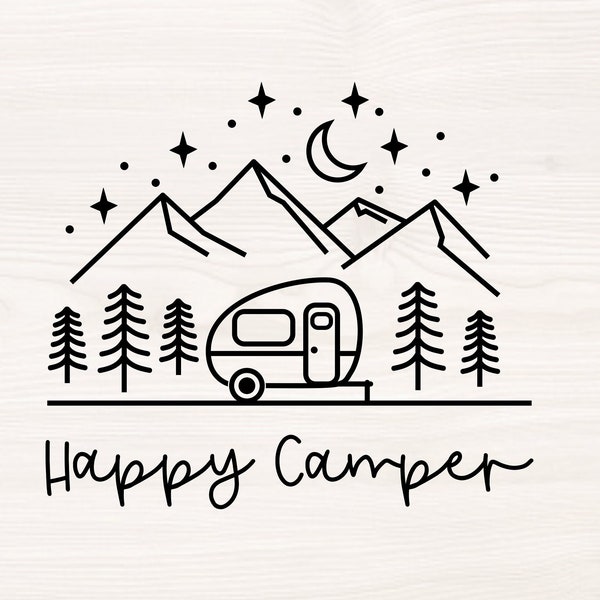 Happy camper SVG PNG Files for cutting machines, digital clipart, camping, mountain scene, night sky, line drawing, adventure, tear drop