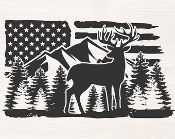 Deer mountain scene on American flag SVG PNG Files for cutting machines, digital clipart, hunting, camping, distressed, buck