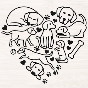 Może przedstawiać: Czarno-biała ilustracja liniowa w kształcie serca wypełnionego różnymi rasami psów. Psy są w różnych pozach, niektóre śpią, niektóre siedzą, a niektóre stoją. Wokół psów rozrzucone są również serca i odciski łap.