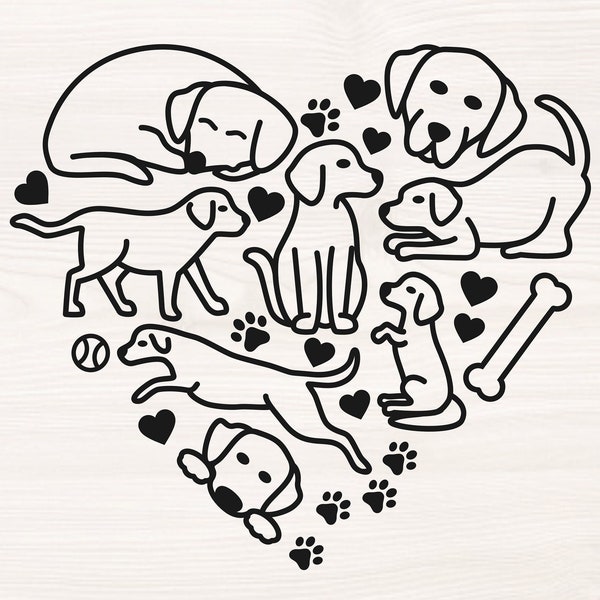 dog heart SVG PNG Files for cutting machines, digital clipart, heart made of dogs, playing, running, silhouettepaw print, lab