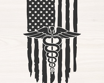 Distressed American Flag Nurse Caduceus SVG PNG, Medical Clipart (Digital Download)