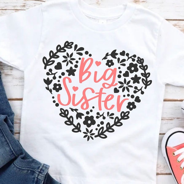 File PNG Big Sister SVG per macchine da taglio, clipart digitale, cuore floreale, promosso a sorella maggiore