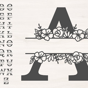 Floral Split Monogramm A - Z SVG PNG Dateien für Schneidemaschinen, digitale Clipart, Alphabet Blume Monogramm