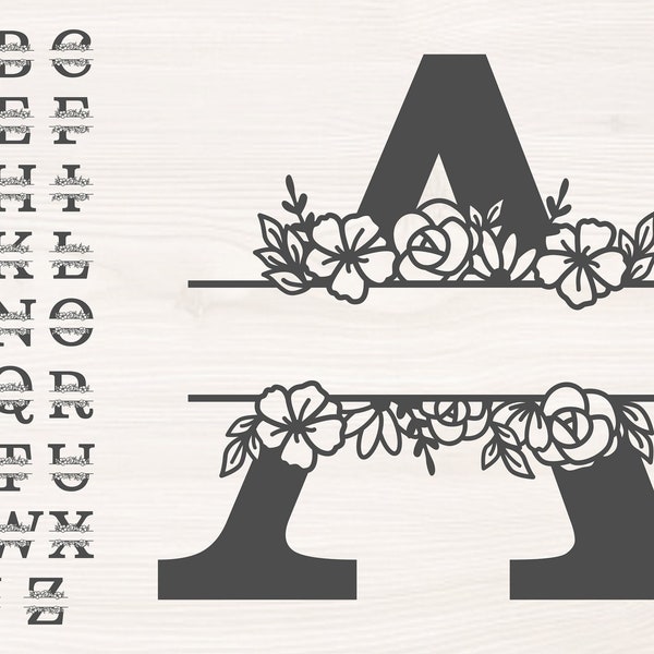 Floral split monogram A - Z SVG PNG Files for cutting machines, digital clipart, alphabet flower monogram