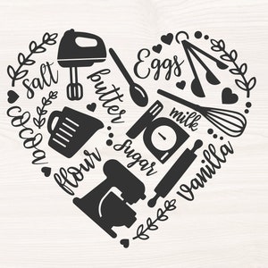 baking icons and ingredients SVG PNG Files for cutting machines, digital clipart, love baking, heart, mixer, measuring spoon, cup, whisk