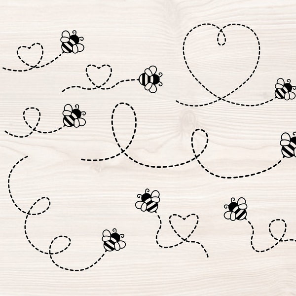 Bee path bundle SVG PNG Files for cutting machines, digital clipart, honeybee, bumble bee, heart, dotted lines