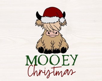 Mooey Christmas SVG PNG Files for cutting machines, digital clipart, highland cow, farmhouse, santa hat, cute