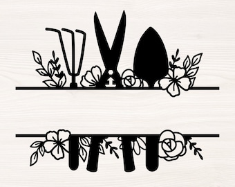 Gardening floral split monogram SVG PNG Files for cutting machines, digital clipart, garden spade, rake, scissors, pruners