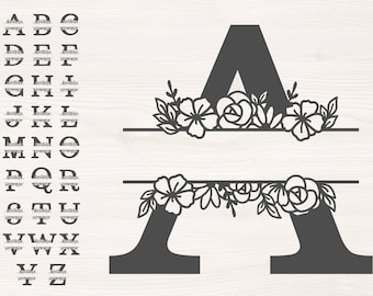 Kwiatowy podzielony monogram A - Z Pliki SVG PNG do maszyn tnących, cyfrowe cliparty, alfabetyczny monogram kwiatowy