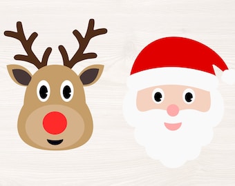 Santa Clause and reindeer head SVG PNG Files for cutting machines, digital clipart, simple, Christmas, rudolf, red nose