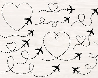 Airplane path bundle SVG PNG Files for cutting machines, digital clipart, plane route, heart path, dotted lines, dashed lines