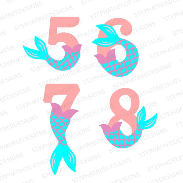 Mermaid numbers, SVG PNG Files for cutting machines, digital clipart, mermaid tails, numbers 0 thru 9