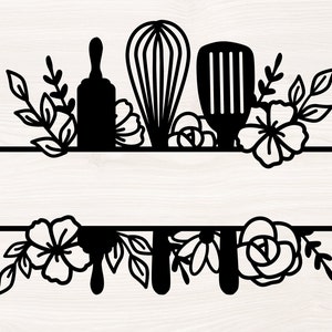 Cooking floral split monogram SVG PNG Files for cutting machines, digital clipart, kitchen, whisk, rolling pin, spatula, utensils