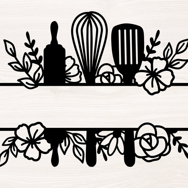 Monograma dividido floral de cocina SVG PNG Archivos para máquinas de corte, imágenes prediseñadas digitales, cocina, batidor, rodillo, espátula, utensilios
