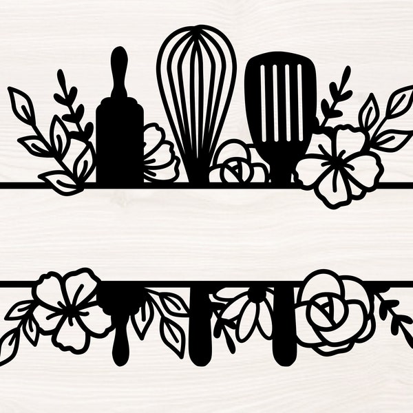 Cooking floral split monogram SVG PNG Files for cutting machines, digital clipart, kitchen, whisk, rolling pin, spatula, utensils